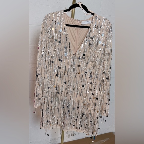 Mac Duggal 92850 Ling Sleeve Beaded Fringe Plunge Neck Dress - Picture 2 of 12